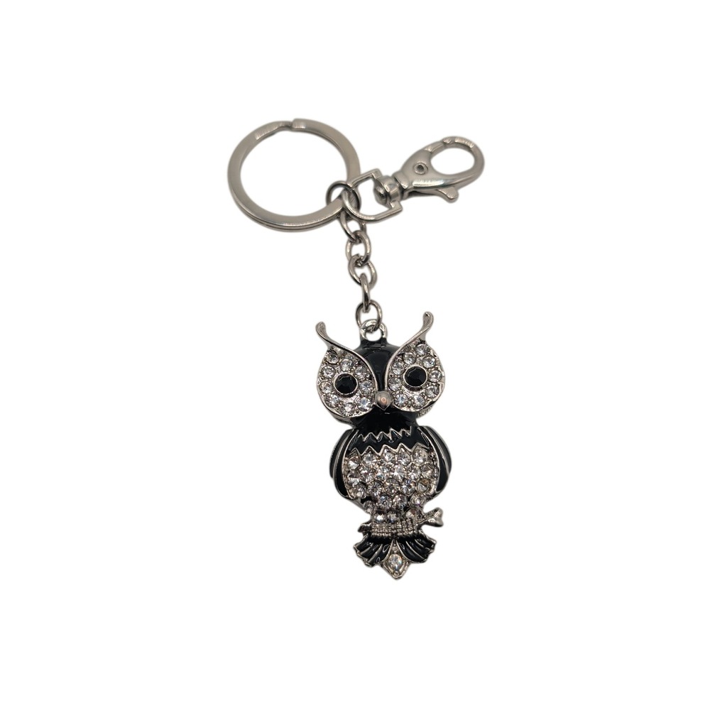 Keychain Silver Owl Rhinestone Enamel Crystal Bag Charm Metal